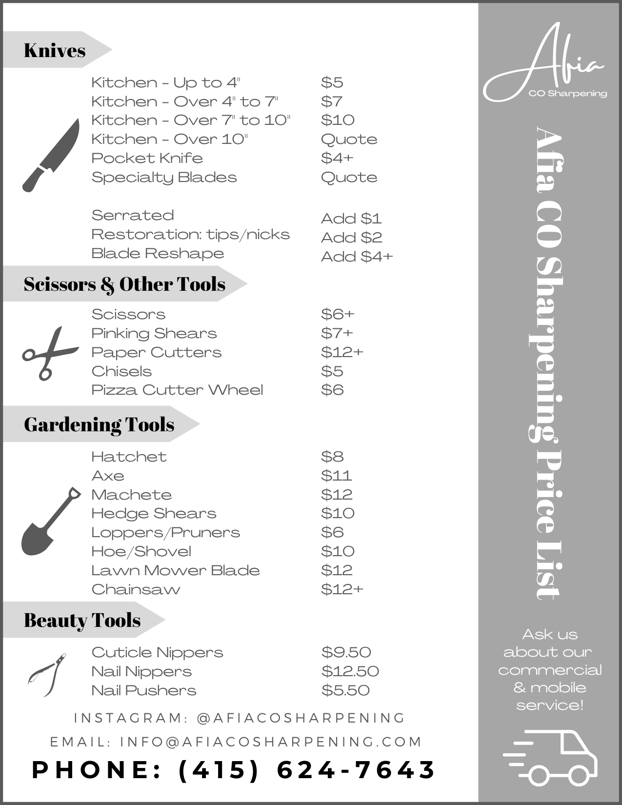Afia CO Sharpening's printed price list for scissors and garden tools