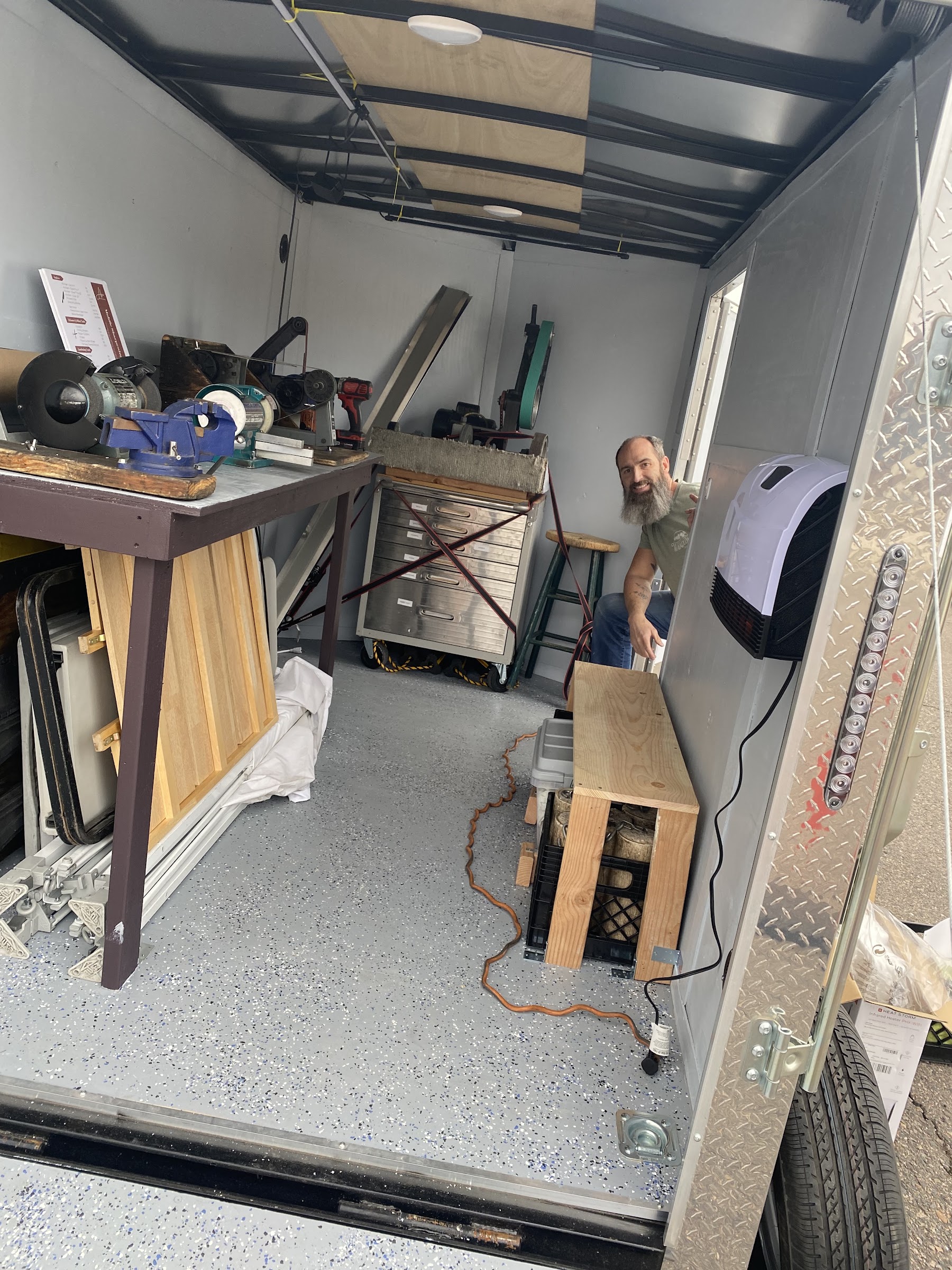 Erik inside the Afia sharpening workspace in Arvada